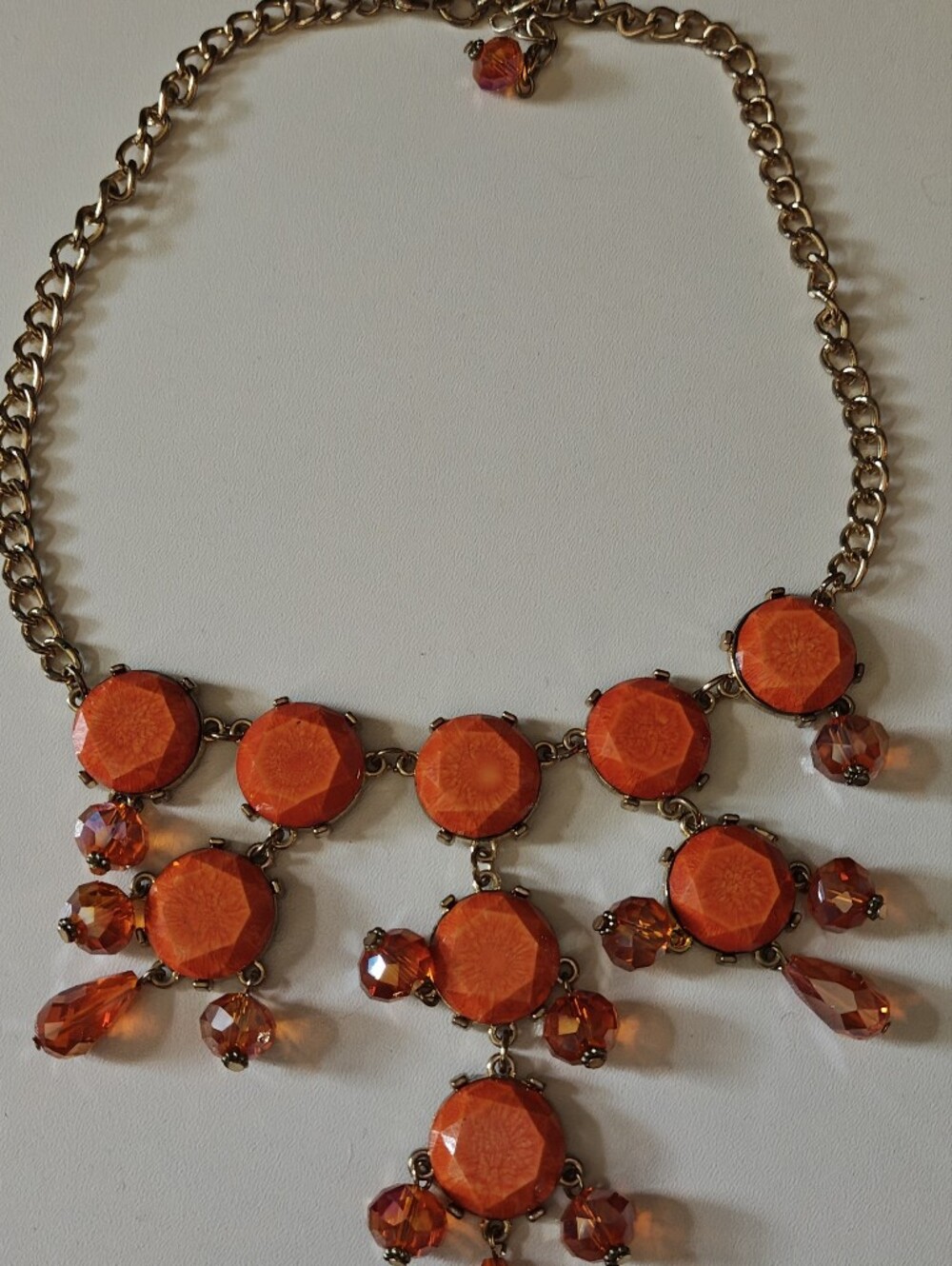 Orange Crystal Statement Bib Necklace Gold Tone Chunky Beaded